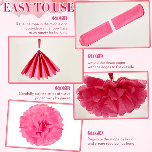52 Pcs Pink Tissue Paper Pom Poms Bulk for Baby Shower Wedding Decorations
