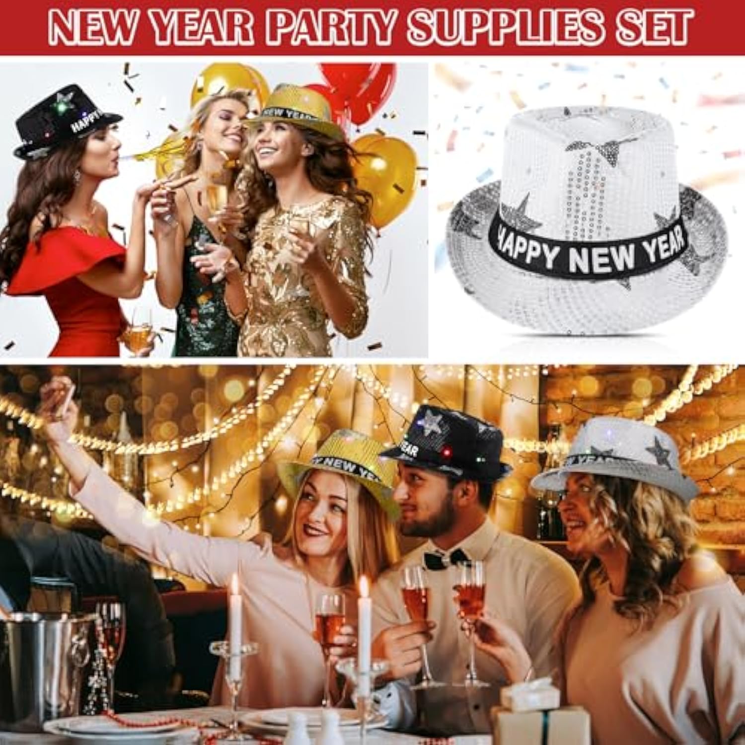 6 Pc 2026 New Year Party Kit with LED Hats and Fringe Squawkers