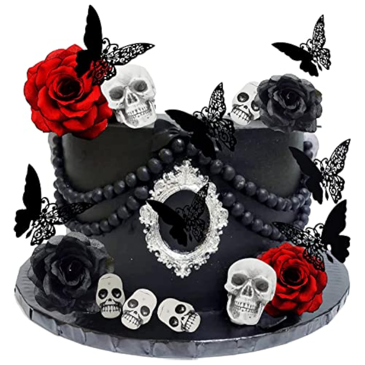 21Pcs Gothic Rose Skull Cake Topper Black Butterfly Till Death Do Us Part Decor