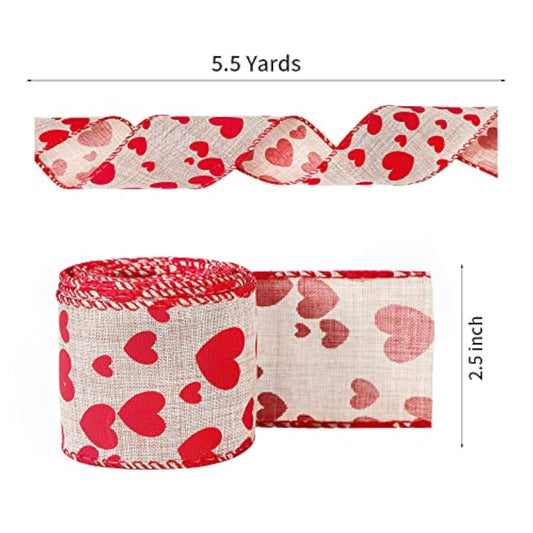 Red Heart Printed Valentine'S Day Burlap Ribbon Wired Edge Ribbon- 2.5
