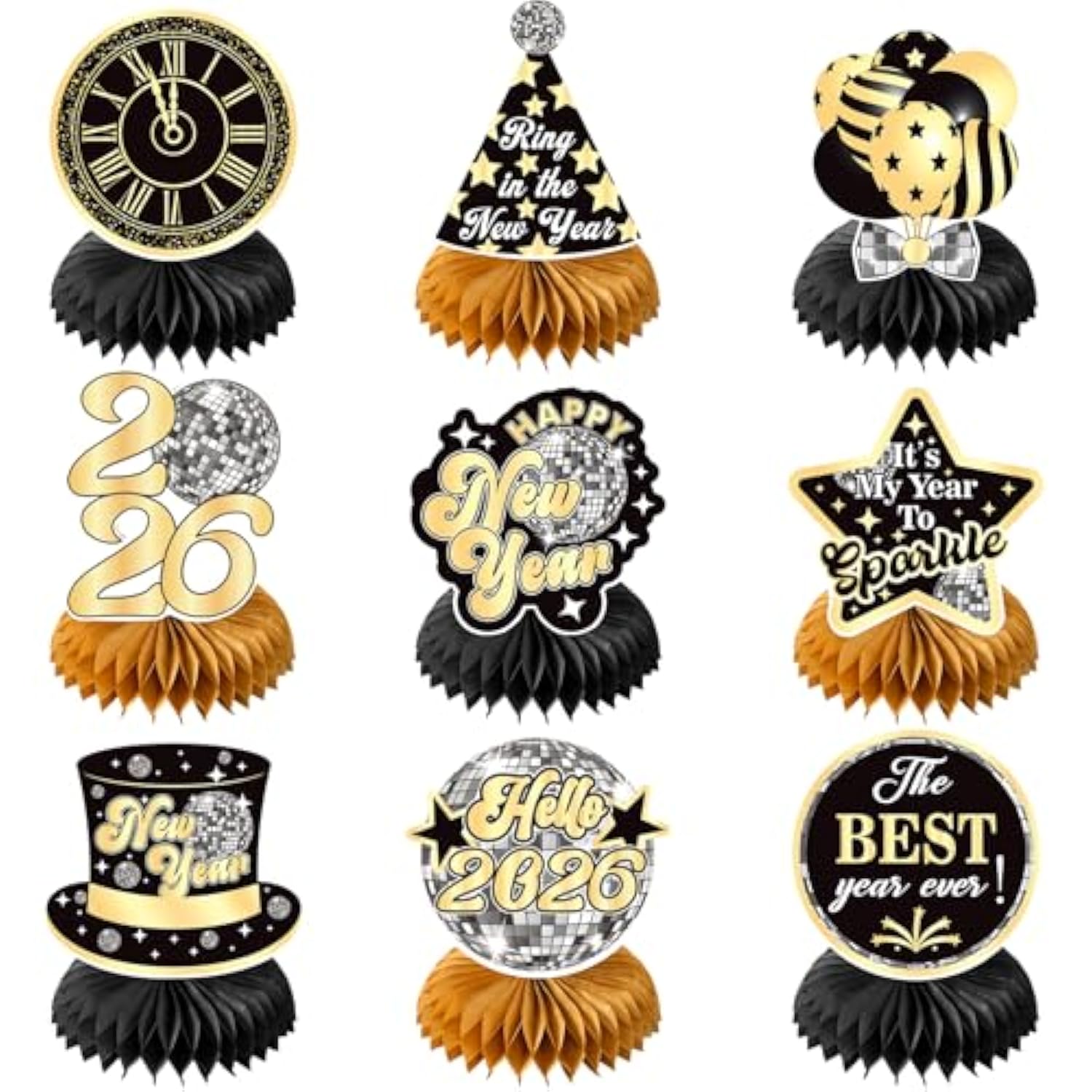 9pcs 2026 New Year Disco Honeycomb Centerpieces Black Gold Table Decor