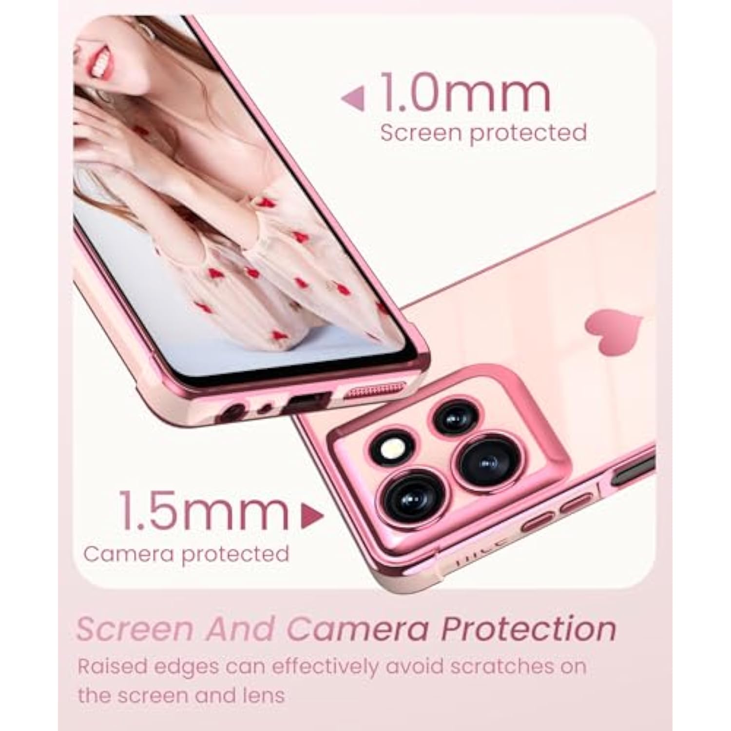 For Motorola Motogpower5G2025 Case With 2X Screen Protector, For Girl Women Cute Girly Loveheart Luxury Gold Soft Cover Camera Protection Bumper Silicone Shockproof Phone Case (Pink)