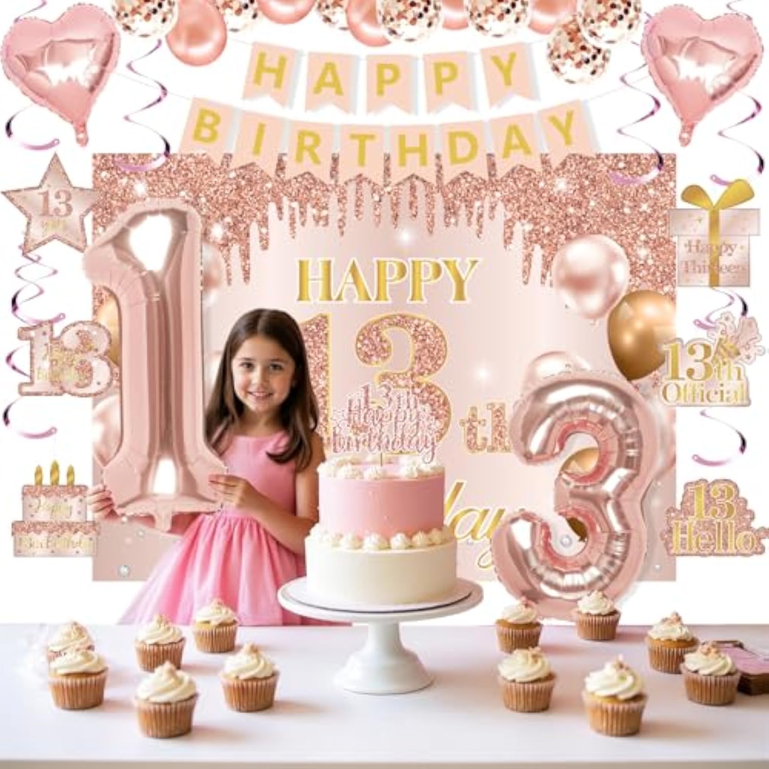 13Th Birthday Decorations For Girls, It'S My 13Th Birthday Crown And Sash Pink Rose Gold 13Th Threenager Cake Topper Banner Backdrop Balloons Hanging Swirls Happy 13 Years Old Party Supplies