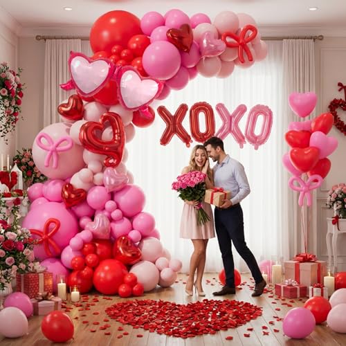 172Pcs Valentines Day Balloon Garland Arch Kit with Pink and Red Balloons 18" 12" 10" 5", XOXO Foil Balloons for Women Girls Valentines Day Wedding Engagement Anniversary Party Decorations