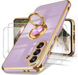 for  Galaxy A37 5G Case,2X Screen Protector,360° Rotatable Ring Holder Magnetic Kickstand,Plated Gold Edge Slim Soft TPU Protective Phone