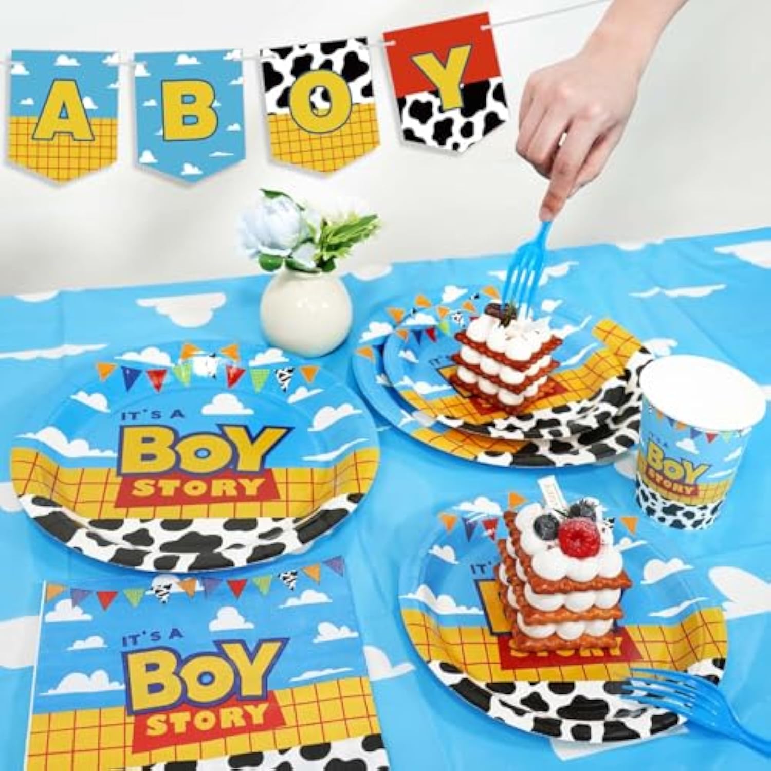 Boy Story Baby Shower Decorations, 25 Guests Includes Cardstock Plates Tableware | Tablecloth | Banner | Balloons | Cake Topper For It’S A Boy Story Baby Shower Themed Party Decorations
