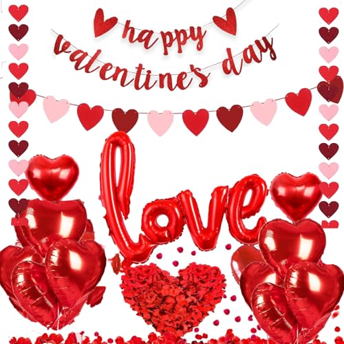 Valentines Day Decorations Kit With 3 Pack Hearts Felt Garland, 1 Happy Valentine's Day Banner, Love Heart Valentines Balloons And 500pcs Rose Petals For Anniversary Galentines Day Decorations