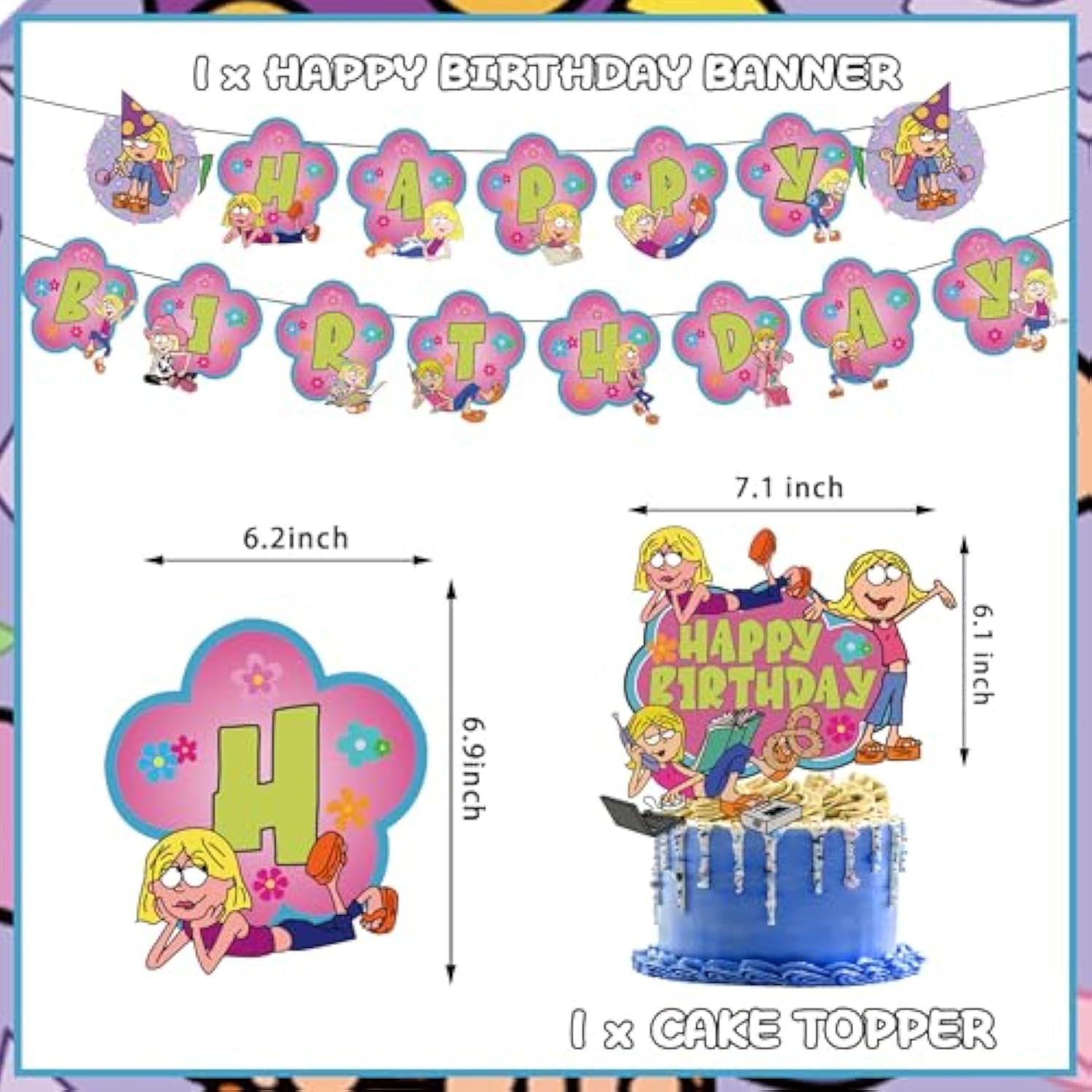 Cartoon Girls Birthday Party Decoration, Include Birthday Banner, Cake Topper, Latex Balloons, Hanging Swirls, For Lizzie Theme Kids Fans Party Supplies Favors