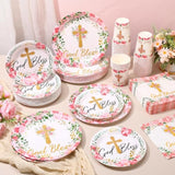 250 Pcs Pink Baptism Cross Disposable Tableware Set First Holy Communion Baptism Disposable Paper Plates Napkins And Cups For Christening Celebration Baby Shower Religious Supplies