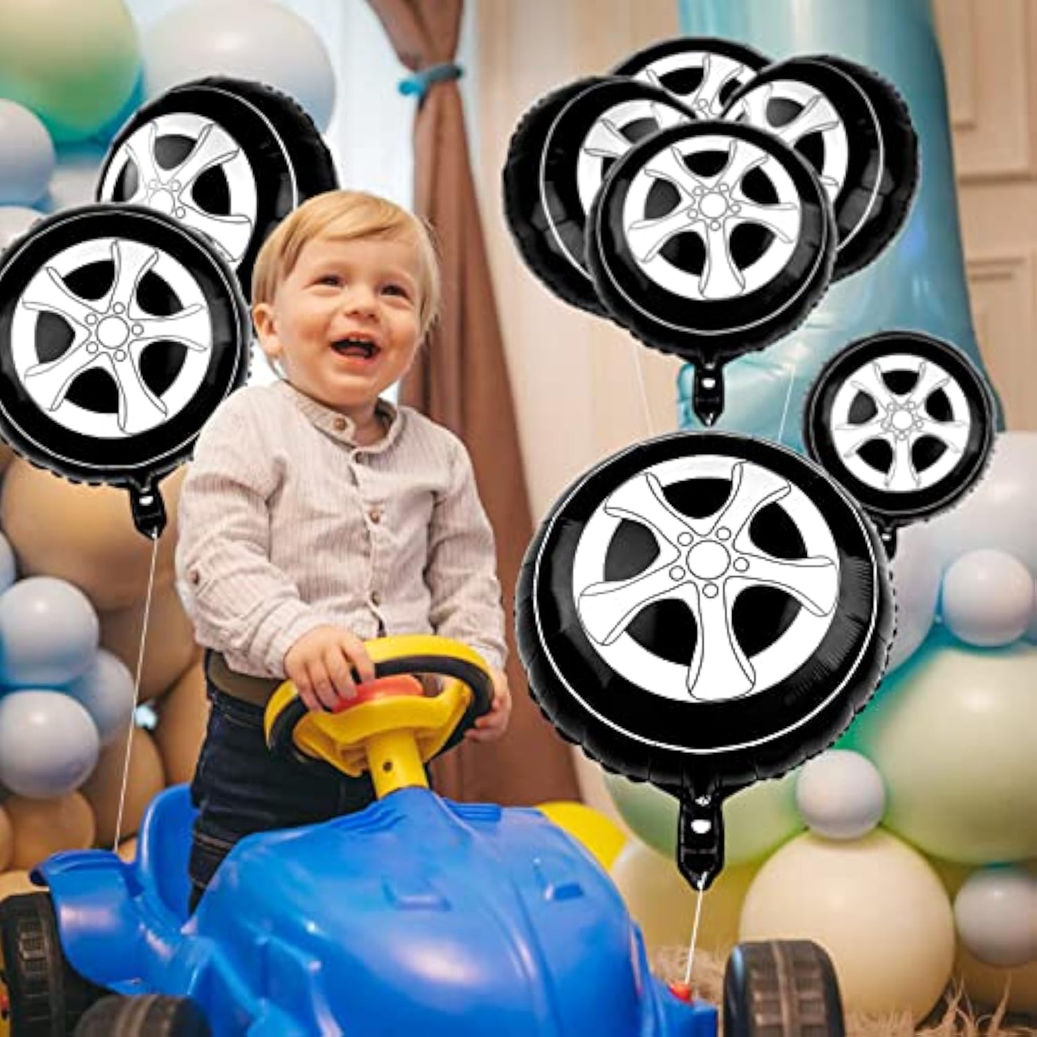 8Pcs Tire Balloons 18 Inch Race Car Garland Kit - Large Black Foil Wheels For Classic Car Party Decorations, Boys Kids Truck Theme Birthday Party Supplies