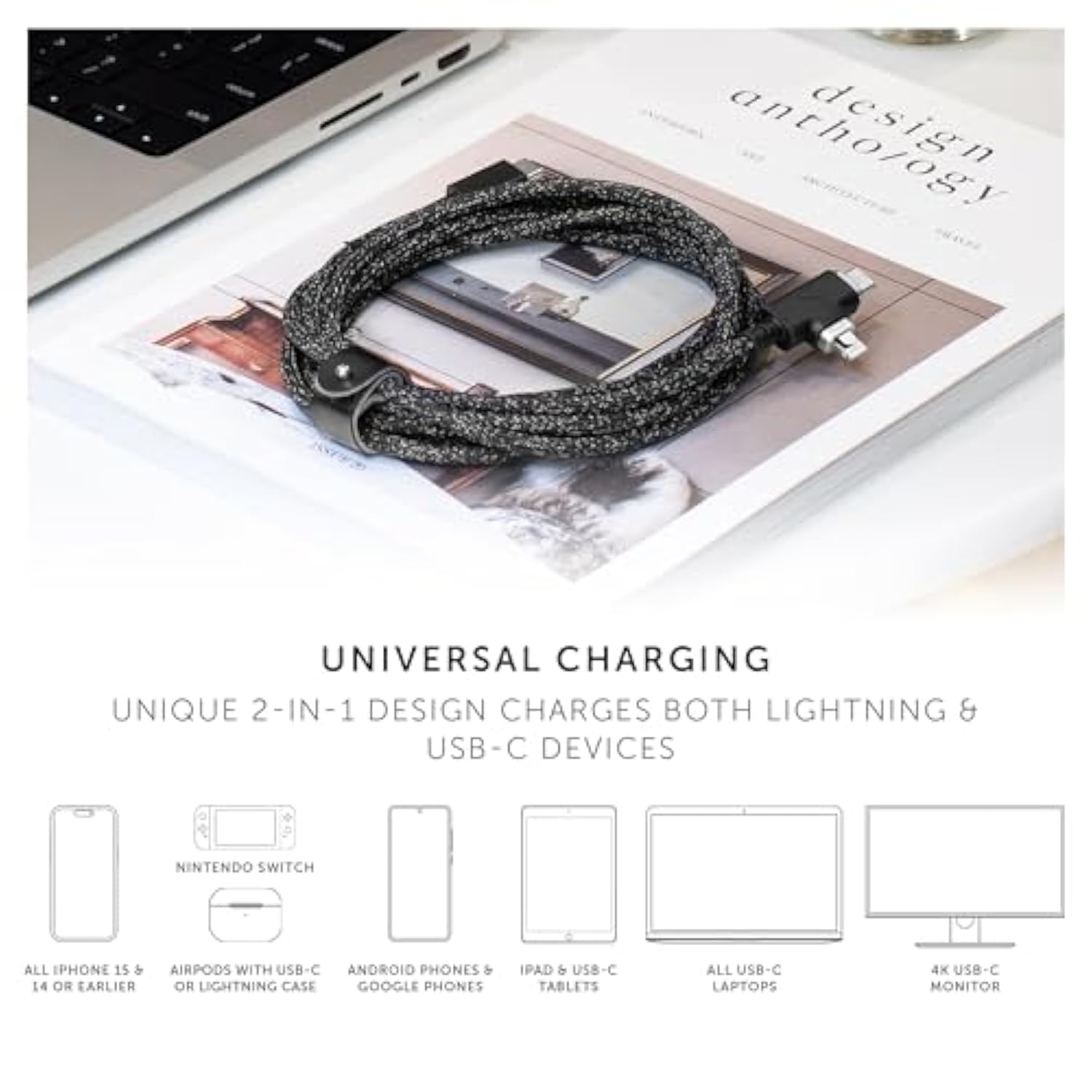 Native Union Belt Cable Duo Pro 240W – 8ft Ultra-Strong Braided Universal Charging Cable – Made with Recycled Materials – 2-in-1 MFi Certified Connectors for Lightning & Type-C Devices (Zebra)