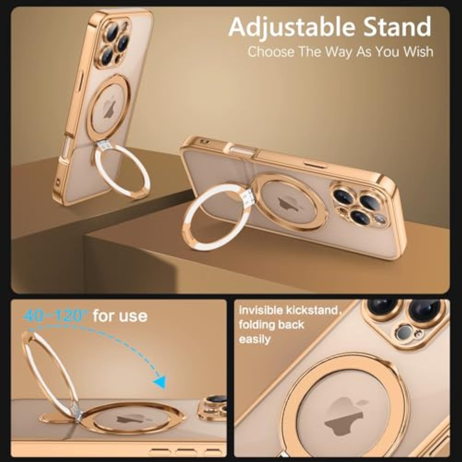 iPhone 16 Pro Case with Stand, Clear Magnetic Edge Plating, Invisible Ring Holder, Slim Protective Shockproof Kickstand Phone Case for iPhone 16 Pro 6.3 inch, Desert Titanium Gold