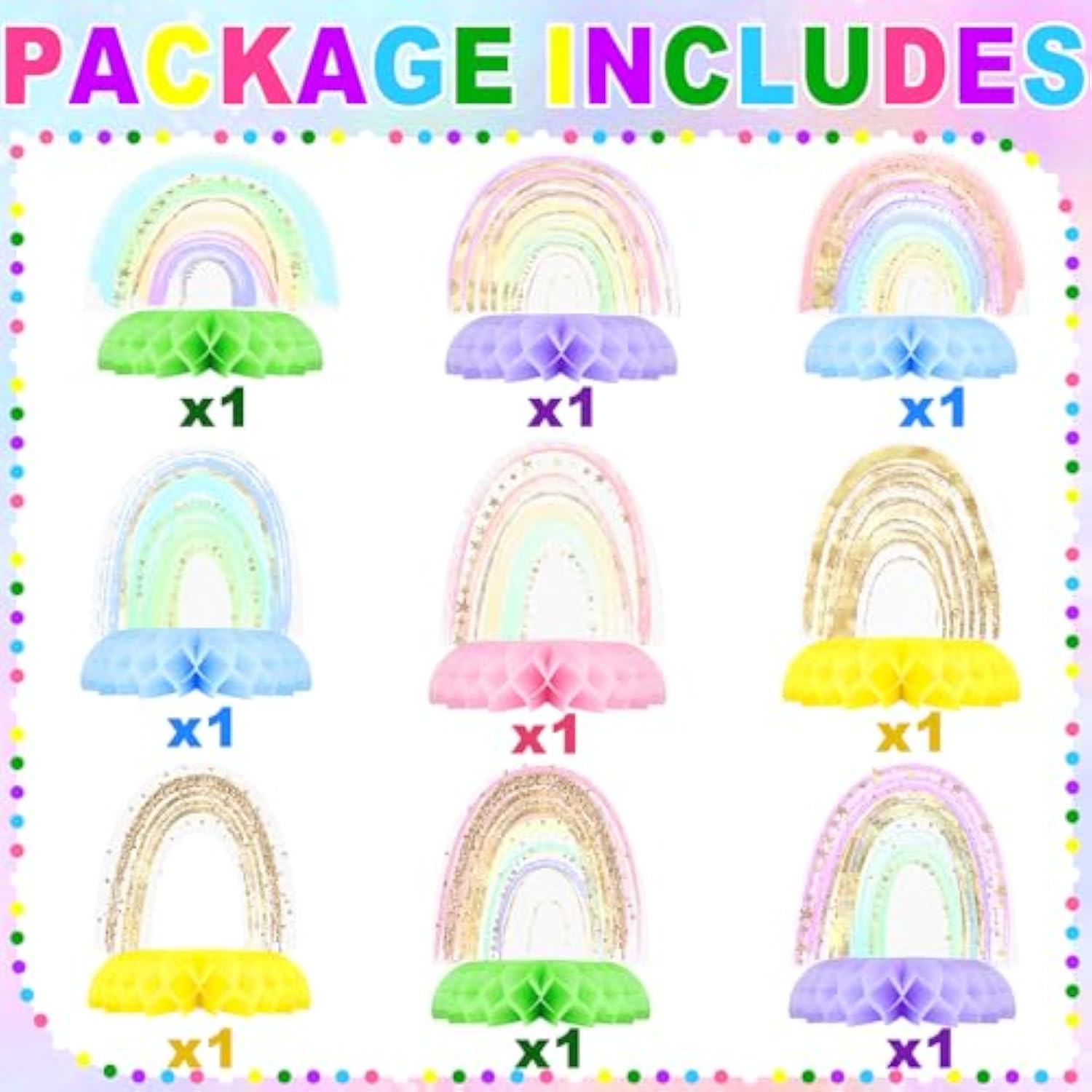 9PCS Rainbow Party Honeycomb Centerpieces for Kids' Birthday & Baby Shower Table Decor