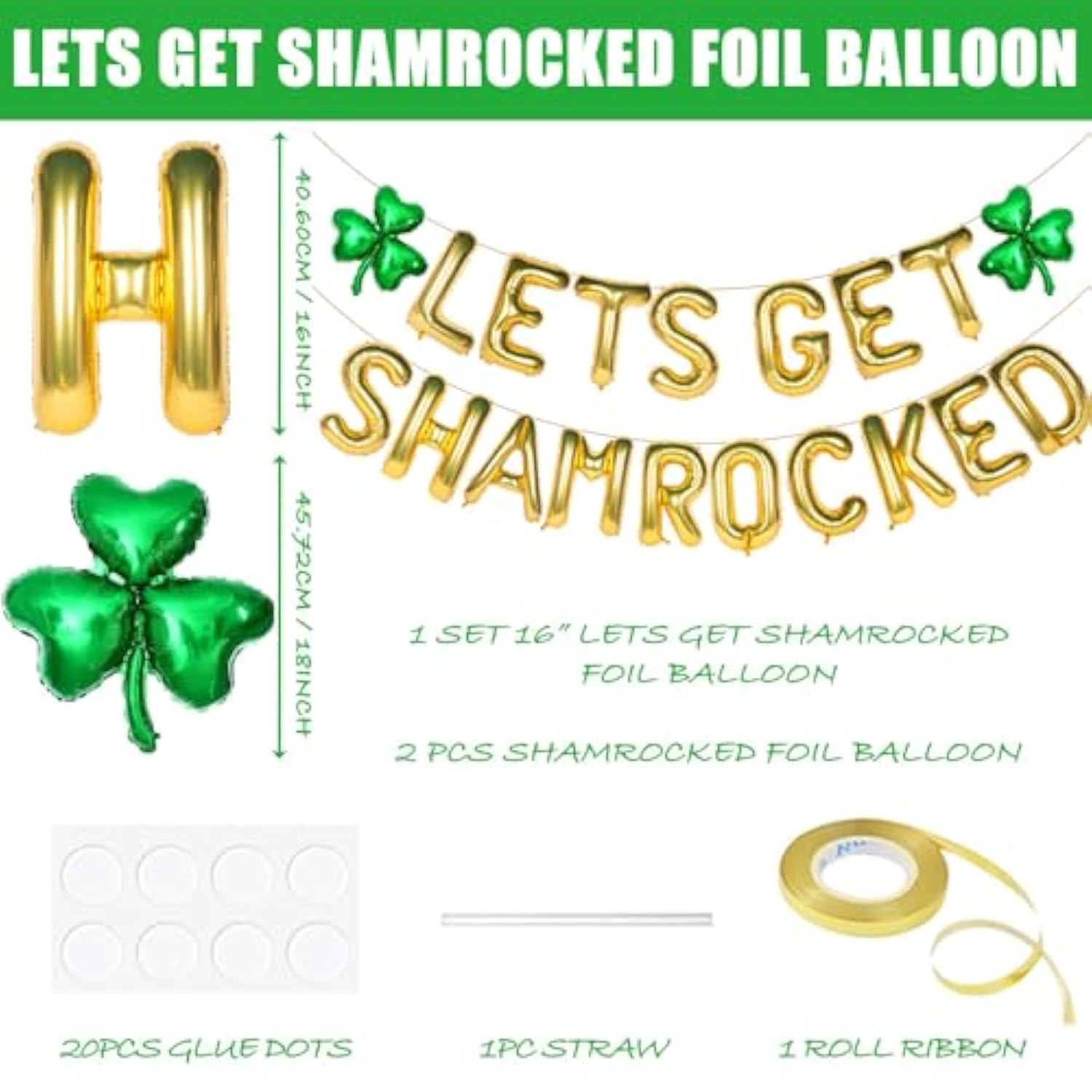 Let'S Get Shamrocked Gold Letter Balloons, Gaint 16 Inch St. Patrick'S Day Decorations With 2Pcs 18 Inch Green Clover Foil Balloon Set Irish Festival Holiday Party Favor For Spring Parade Celebration