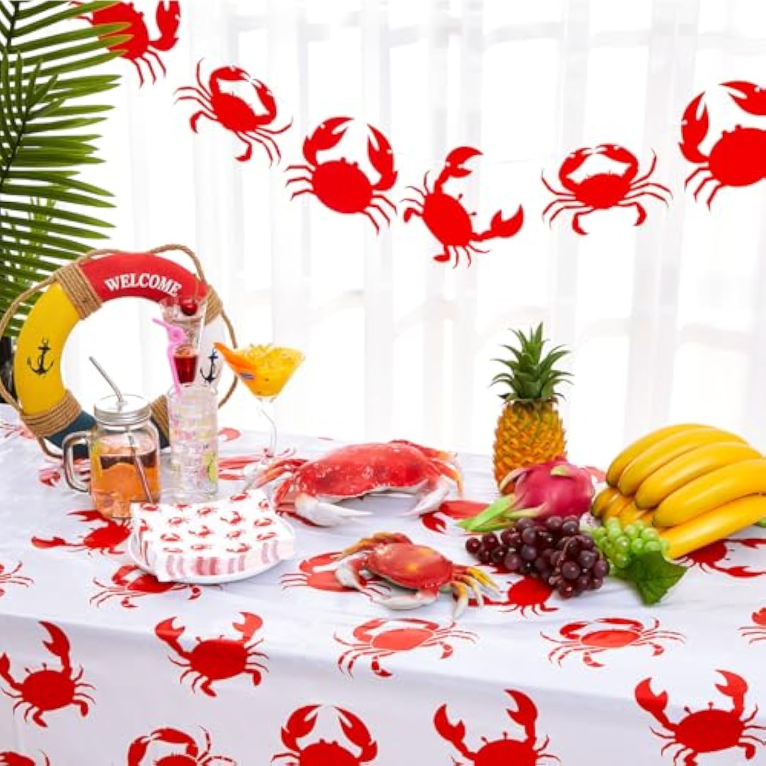 4 Pcs Crab Party Decorations 54 X 108 Inch Table Cloth And Banners For Crab Boil Party Supplies Crawfish Tablecover Summer Birthday Sea Food Decorations