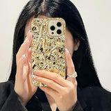 Compatible For Iphone 15 Pro Max Case Cute Glitter Fashion Women Girly Luxury Tin Foil Pleated Design Phone Cases 3D Gold Silicone Sparkly Slim Soft Glossy Cover 6.7 Inch