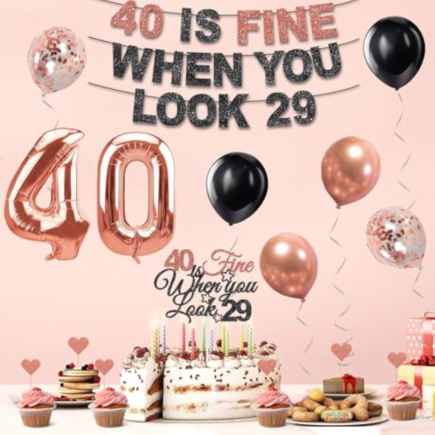 40Th Birthday Decorations For Women, Pre-Strung 40 Is Fine When You Look 29 Banner, Number 40 Balloons Cake & Cupcake Toppers Party Supplies Kit, 40 Year Old Birthday Party Decorations