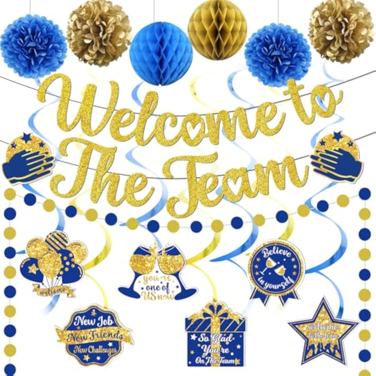 Welcome To The Team Banner Gold, Welcome Banner Circle Dots Garland Hanging Swirls Paper Flowers Honeycomb Balls, Welcom E Decorations For Employee Office Teacher Colleague Staff