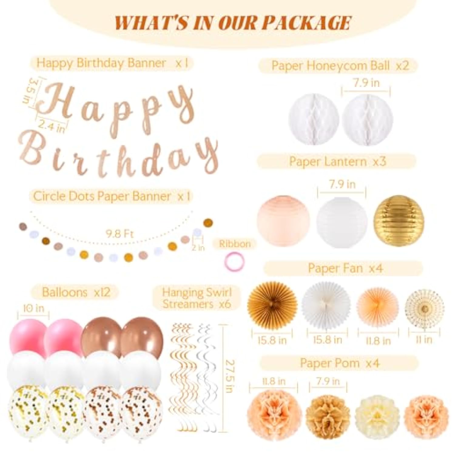 Rose Gold Happy Birthday Party Decorations-33Pcs Happy Birthday Banner, Circle Dots Garland, Paper Lantern, Hanging Swirl Streamers, Fan, Paper Poms, Honeycom Ball And Balloons, Photo Background Decor