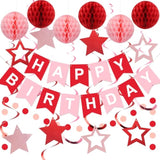 Birthday Decorations, Happy Birthday Banner With Honeycomb Balls, Stars Hanging Swirl Streamers, Circle Dots Garland, Happy Birthday Party Decorations For Women Men Boys Girls (Red)