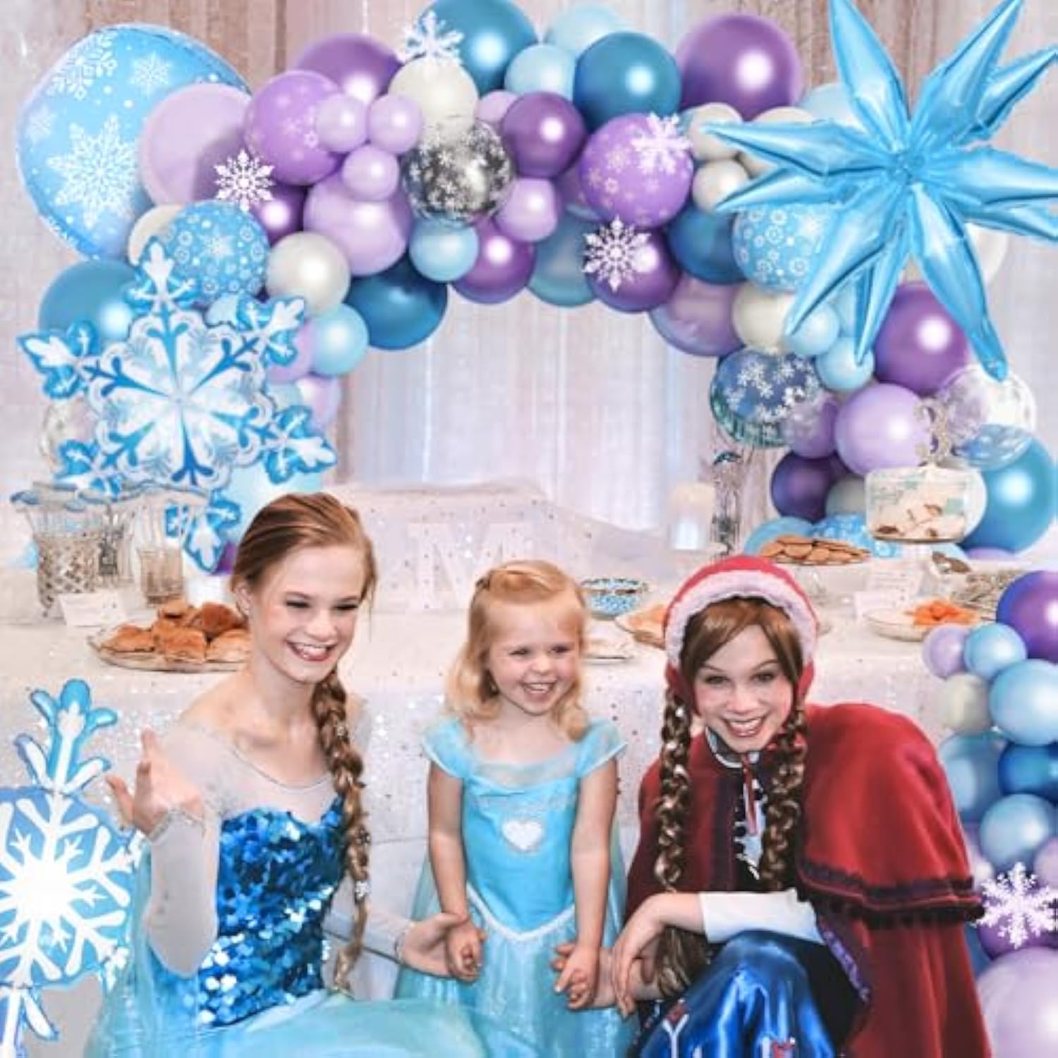 Winter Wonderland Birthday Party Kit: Snowflake Balloons, Fringe Curtains, Confetti