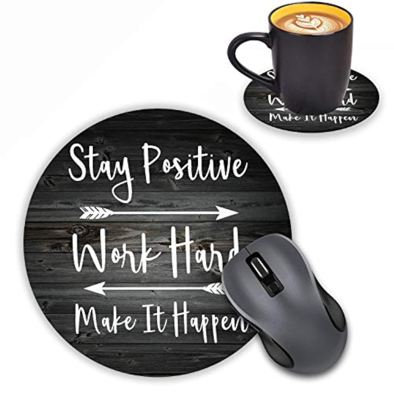 Round Mouse Pad With Coasters Set, Rustic Old Wood Inspirational Quote Stay Positive Work Hard And Make It Happen Design Mouse Pad, Non-Slip Rubber Base Mouse Pads For Laptop And Computer