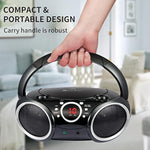 030C Portable Cd Player Boombox Am Fm Analog Tuning Radio, Aux Line In, Headphone Jack, Foldable Carrying Handle (Black With A Touch Of Grey Rims)