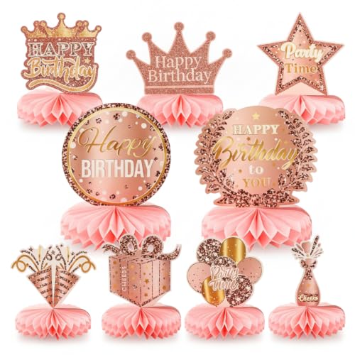 9 Pcs Birthday Table Decorations, Happy Birthday Centerpiece Decorations, Rose Gold 3D Honeycomb Table Centerpiece with Glitter Accent, Easy Assemble Party Decor for Birthday Theme