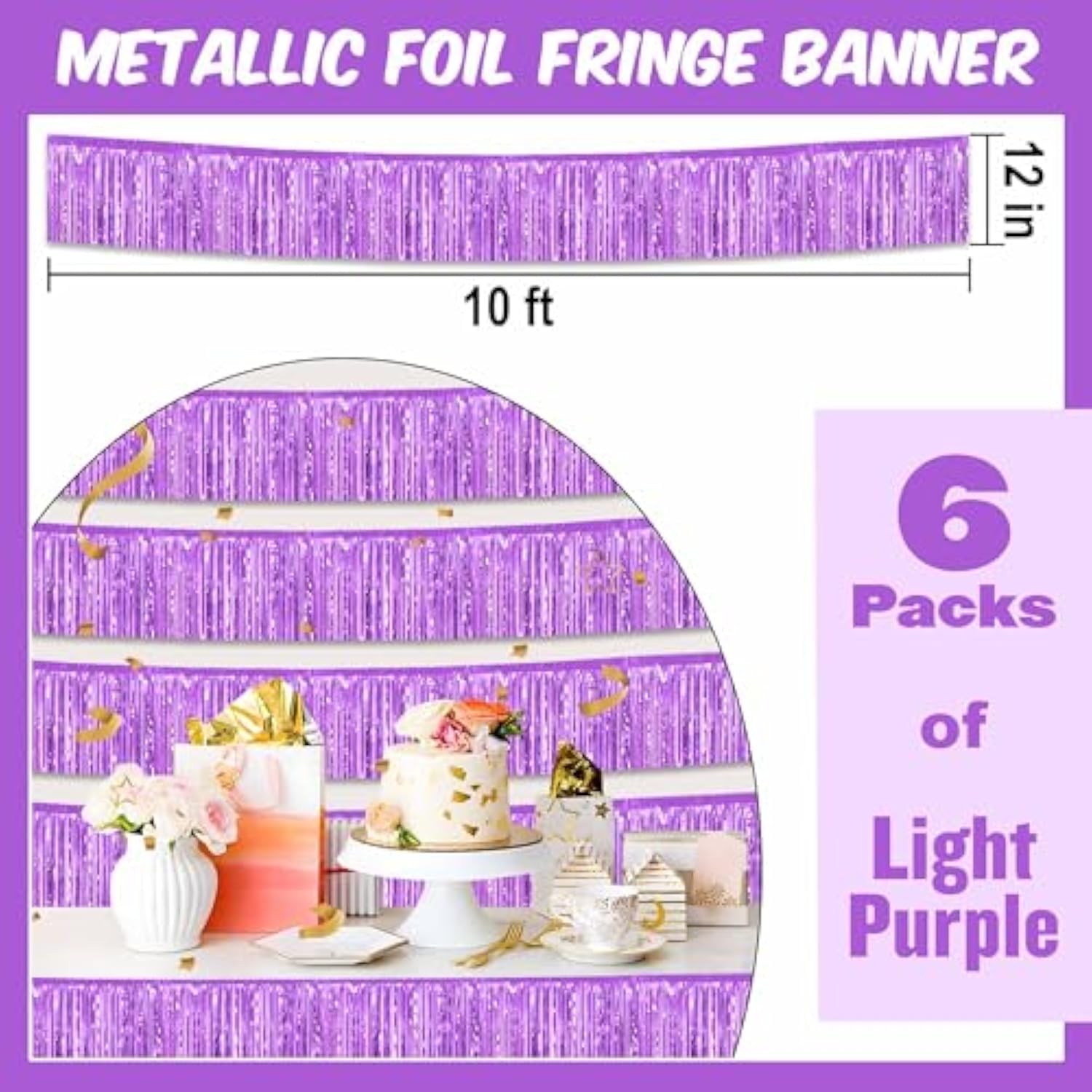 6 Pack 10 Ft Light Purple Foil Fringe Garland Metallic Streamers Tinsel Banner Wall Hanging Garland Backdrop For Parade Floats, Halloween, Christmas, Thanksgiving, New Year Party Decorations