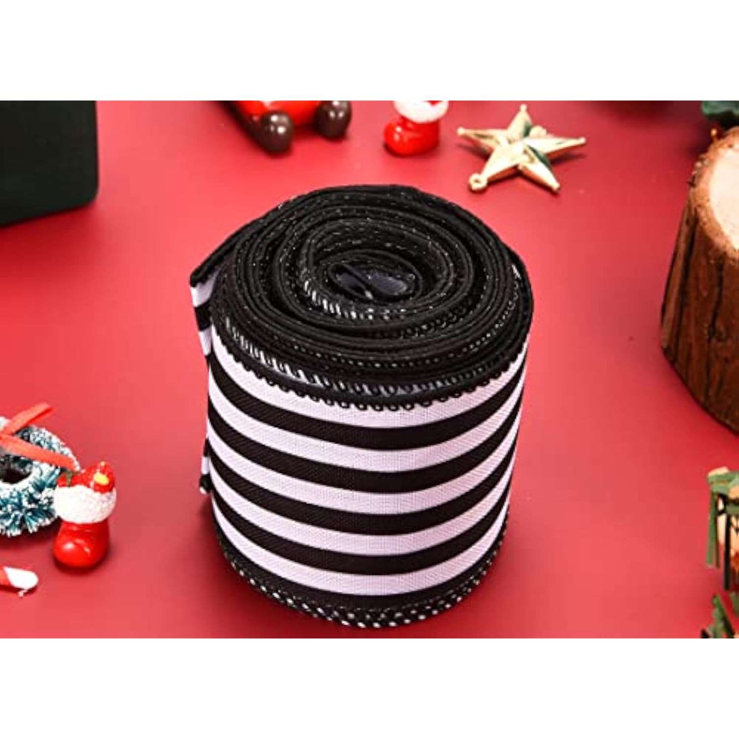 Christmas Ribbon For Tree, Black And White Striped Ribbon Wired Vertic