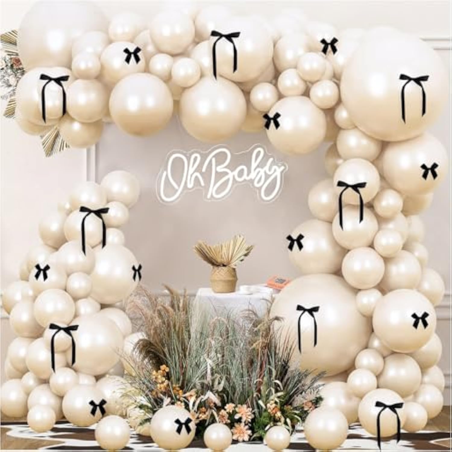 Black Bow Balloon Garland Kit: White & Sand Balloons, Party Decor