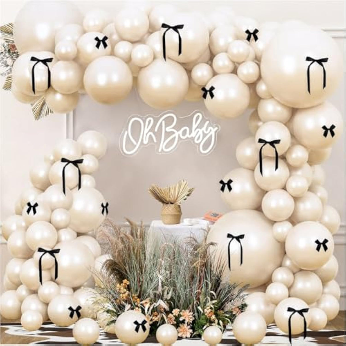 Black Bow Balloon Garland Kit: White & Sand Balloons, Party Decor