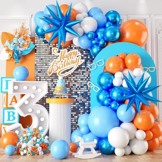 Orange And Blue Balloon Garland Arch Kit,Orange Blue White Balloons With Star Foil Balloons For Birthday Decoration Wedding Baby Shower Engagement Diy Decoration Party Supplies