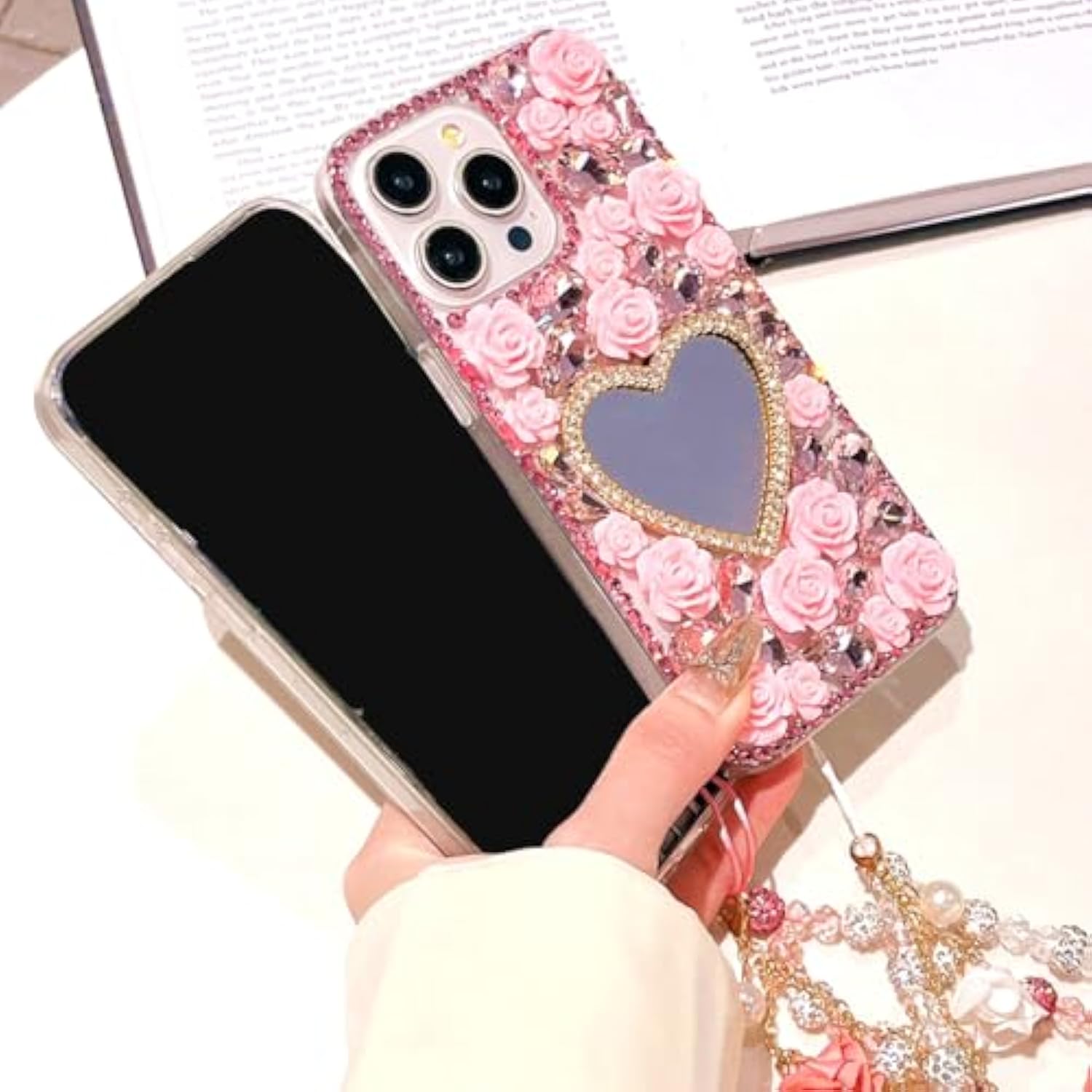 For Iphone 16 Plus Glitter Bling Case,Cute 3D Sparkle Heart Makeup Mirror Crystal Rhinestone Flowers Diamond Gems Pearl With Lanyard Wrist Strap Women Girls Case For Iphone 16 Plus 6.7", Pink