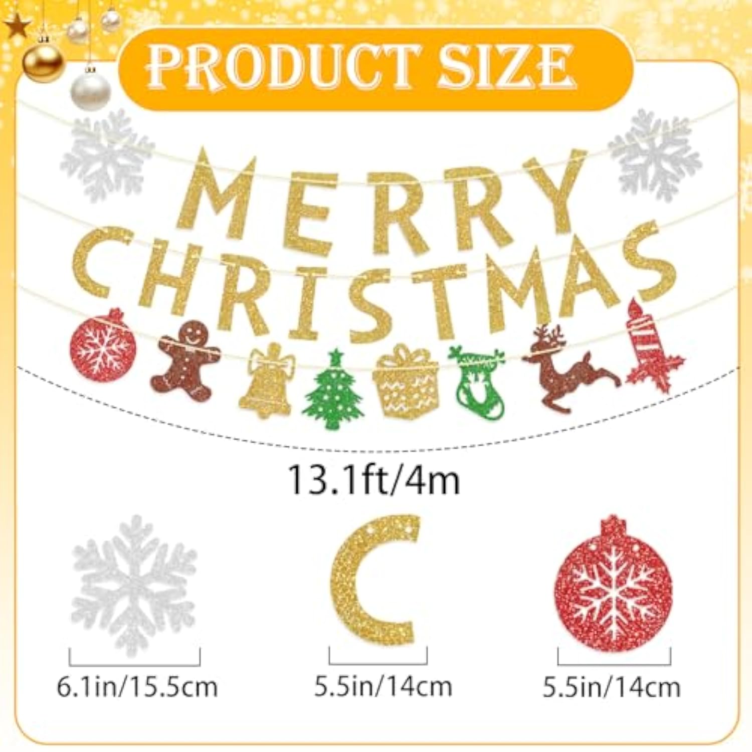 Pre-Assembled Hanging Christmas Banner For Inside Gold Merry Christmas Garland With Snowflakes, Merry Xmas Banners Bunting For Home Fireplace, Xmas Tree, And Indoor/Outdoor Holiday Party Decorations