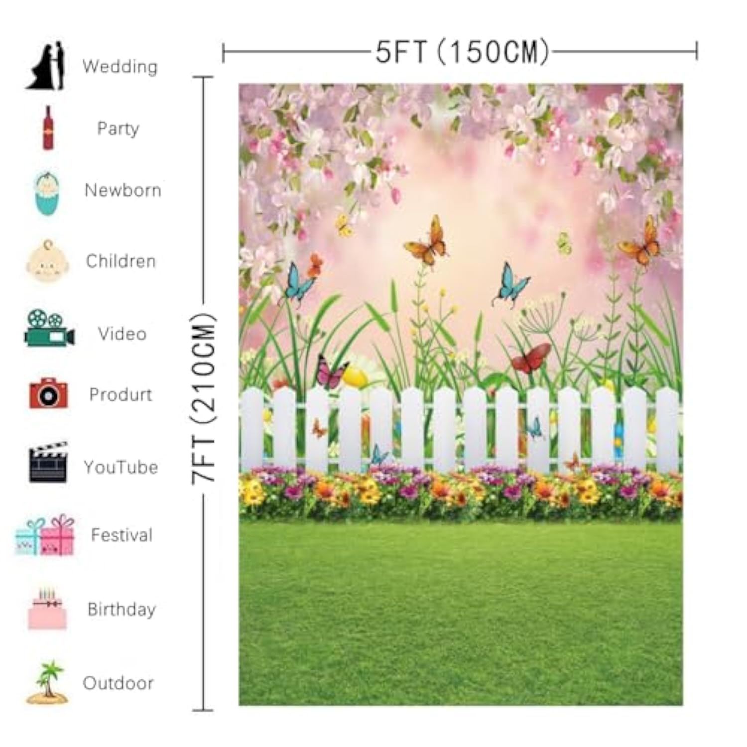 Spring Easter Garden Photography Backdrop Green Grass Lawn Floral Butterfly Fence Baby Shower Birthday Party Decorations Banner (5X7Ft)
