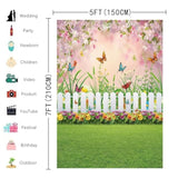 Spring Easter Garden Photography Backdrop Green Grass Lawn Floral Butterfly Fence Baby Shower Birthday Party Decorations Banner (5X7Ft)