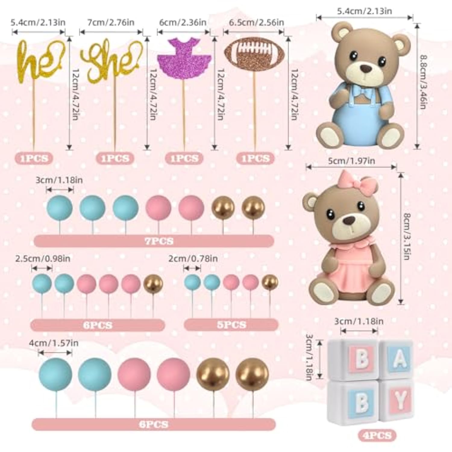 34 Pcs Gender Reveal Cake Topper - Bear Balls Cake Decorations With He Or She Cake Topper For Boys And Girls Gender Reveal Baby Shower Birthday Party Supplies