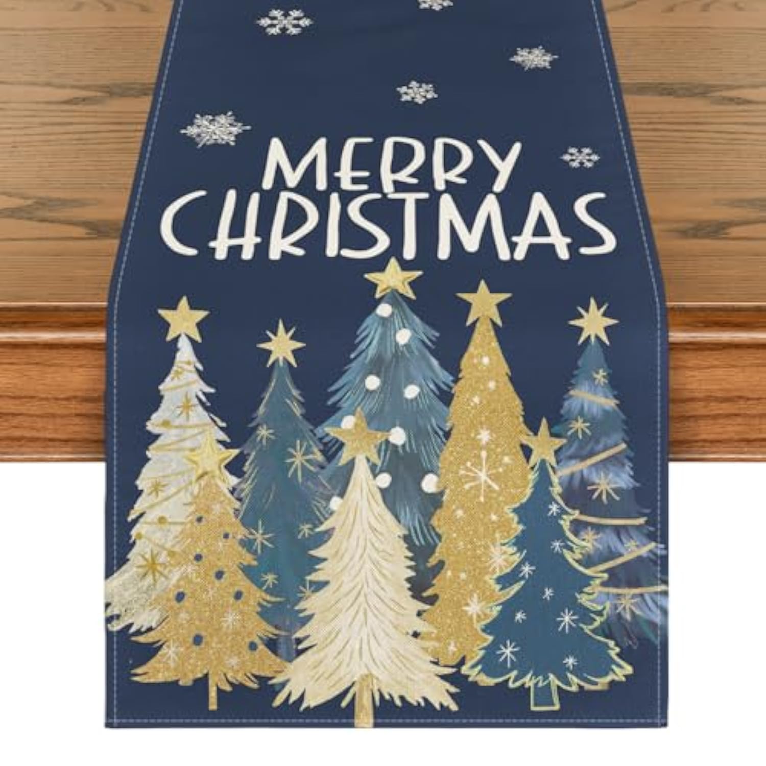 Xmas Trees Snowflakes Blue Merry Christmas Table Runner, Winter Seasonal Kitchen Dining Table Decoration For Home Party Decor 13X72 Inch