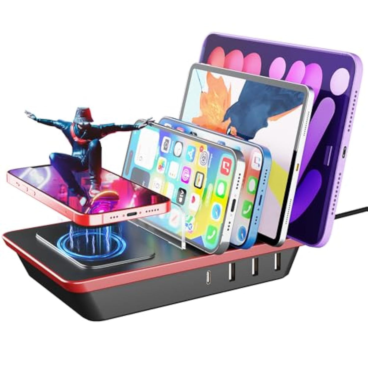 Charging Station For Multiple Devices, 85W 4 Ports Charger Station With Powerful 18W Pd Usb C Ports, 15W Qi Wireless Charger And 3 Usb 5V / 4.8A Charging Ports Compatible With Iphone Ipad, Tablets