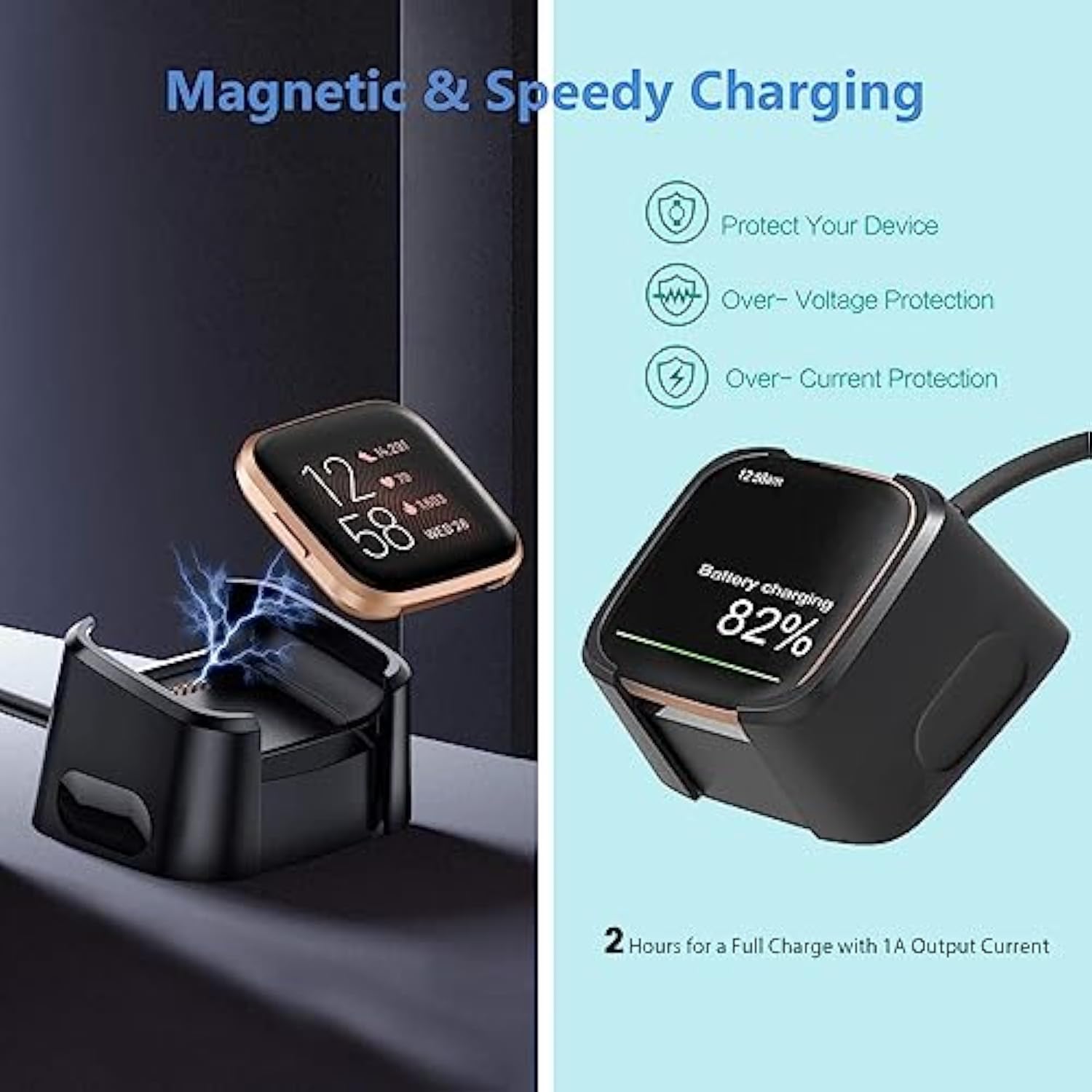 Fast Wall Charger for Fitbit Versa 2, USB Cable, 5V/5A, Black, Travel