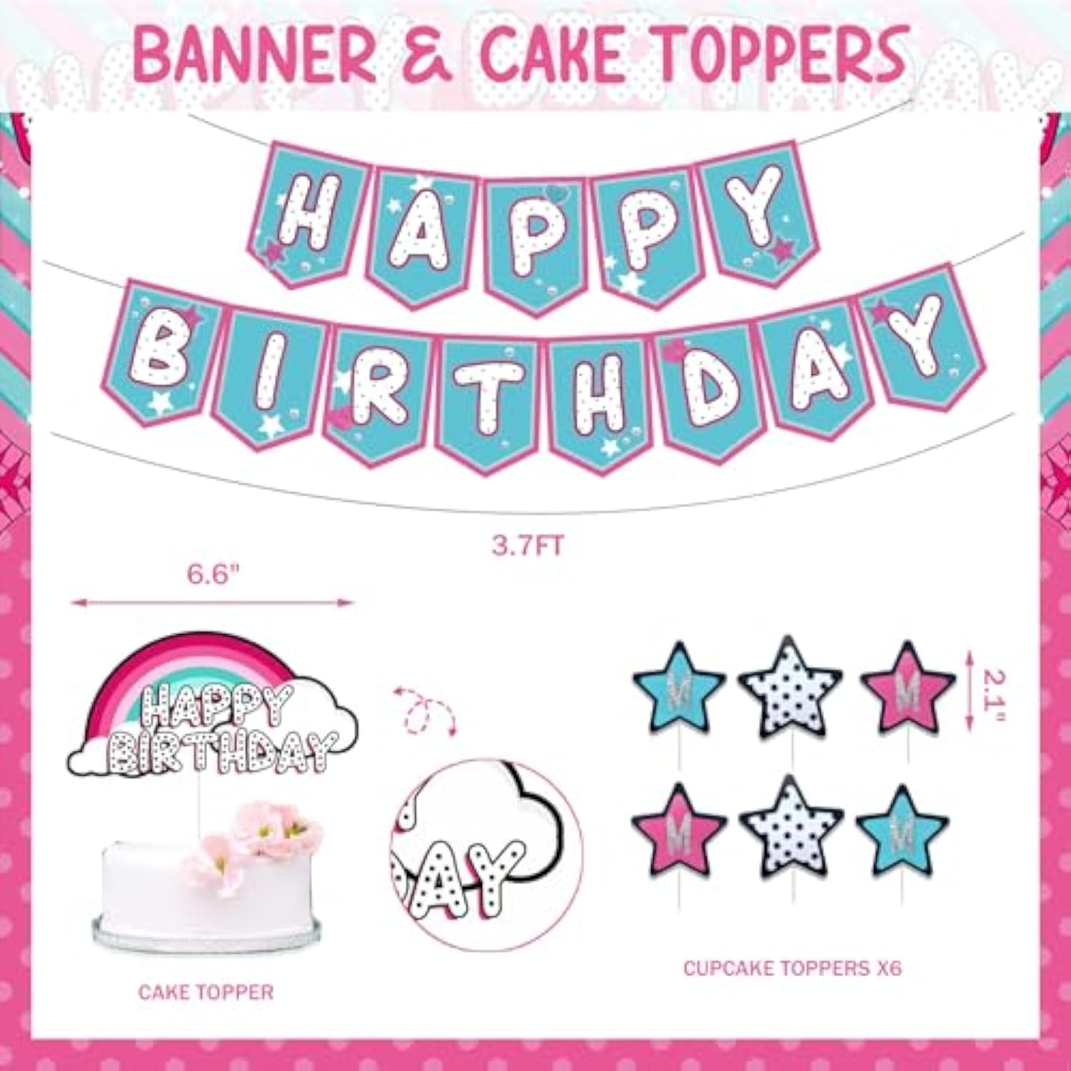 108 Pcs Surprise Birthday Party Decorations, Doll Themed Cartoon Birthday Party Decorations Backdrop Balloon Garland Arch Banner Cake Cupcake Topper Star Bow Tie Spot Pink Teal Blue