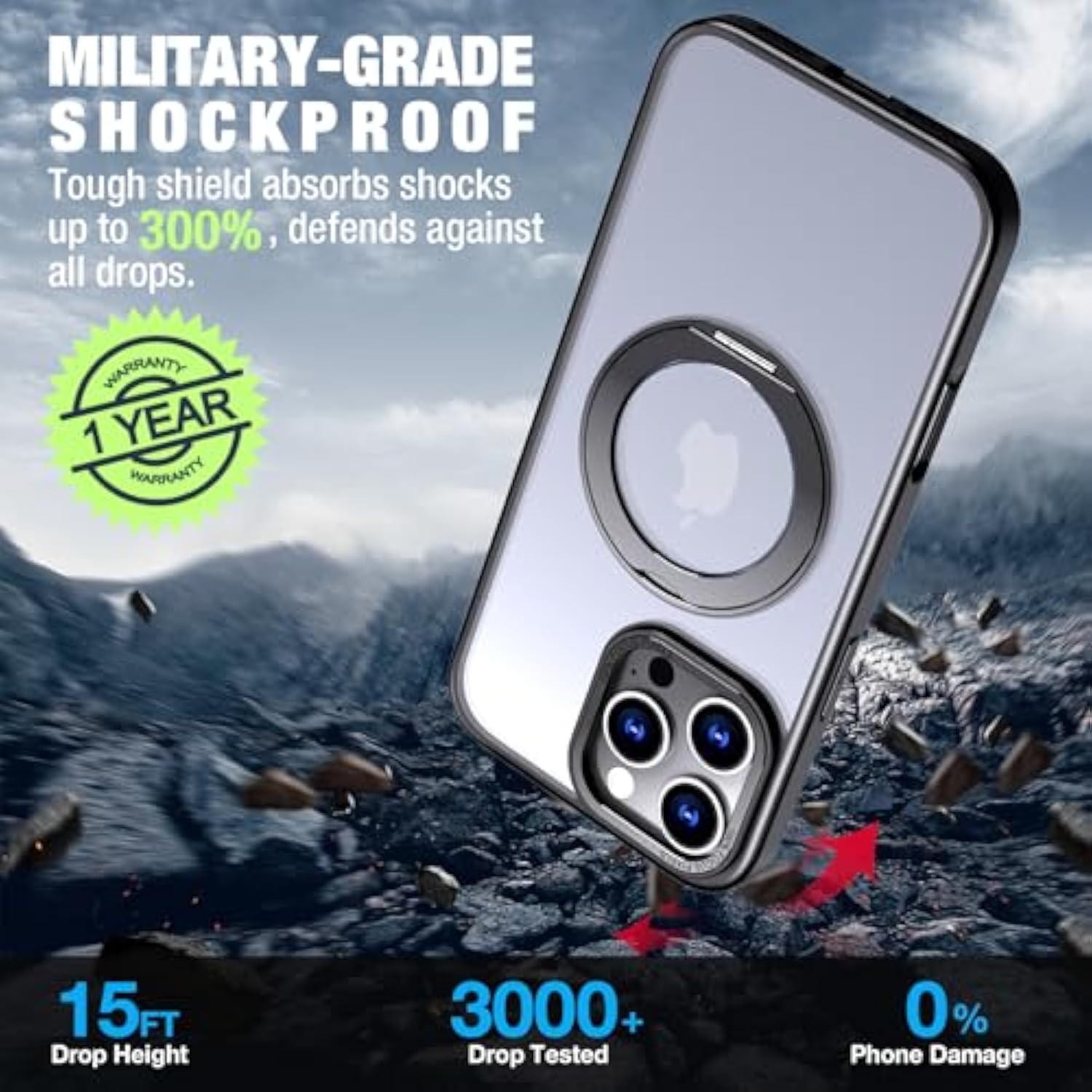 For Iphone 16 Pro Max Case With Screen Protector & Lens Protector [15 Ft Military Drop Protection] Magnetic Kickstand Compatible With Magsafe Slim Translucent Case (Black)