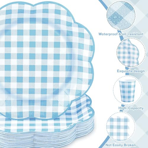 250 Pcs Blue Gingham Party Supplies, Scalloped Blue and White Checkered Tableware Set Includes Disposable Plates Napkins and Cups for Wedding Birthday Picnic Baby Bridal Shower