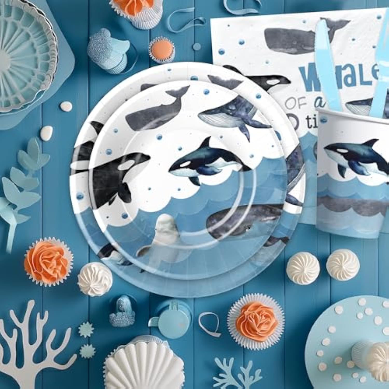 Whale Party Decorations Tableware For Birthday Baby Shower - Under The Sea Theme Ocean Whale Birthday Party Supplies, Paper Plate, Napkin, Cup, Cutlery | Serves 24