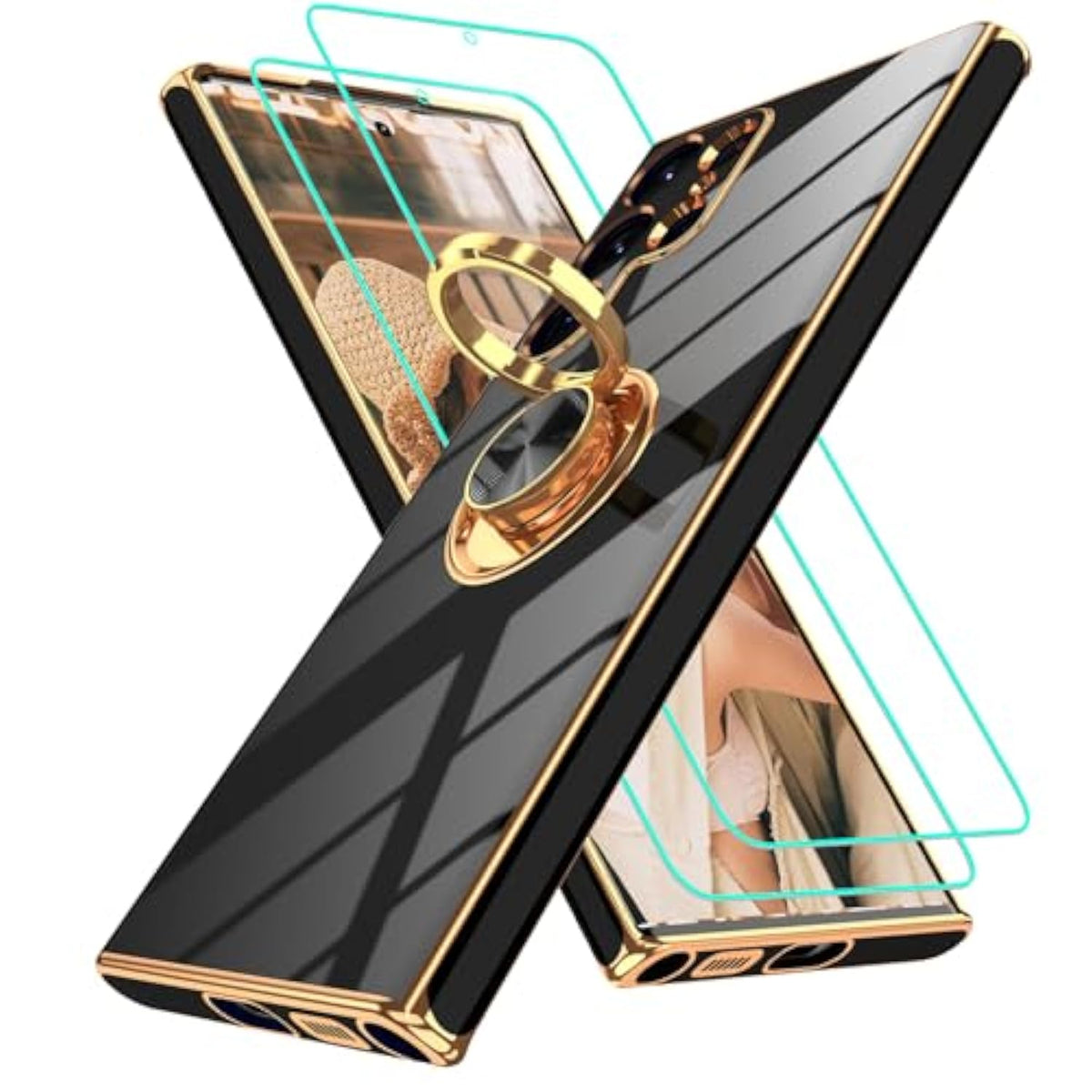 For Samsung Galaxy S22 Ultra Case: With 2Pcs Screen Protector, 360° Rotation Ring Holder Magnetic Kickstand, Plating Gold Edge Soft Tpu Shockproof Protective Cover For S22 Ultra, Black