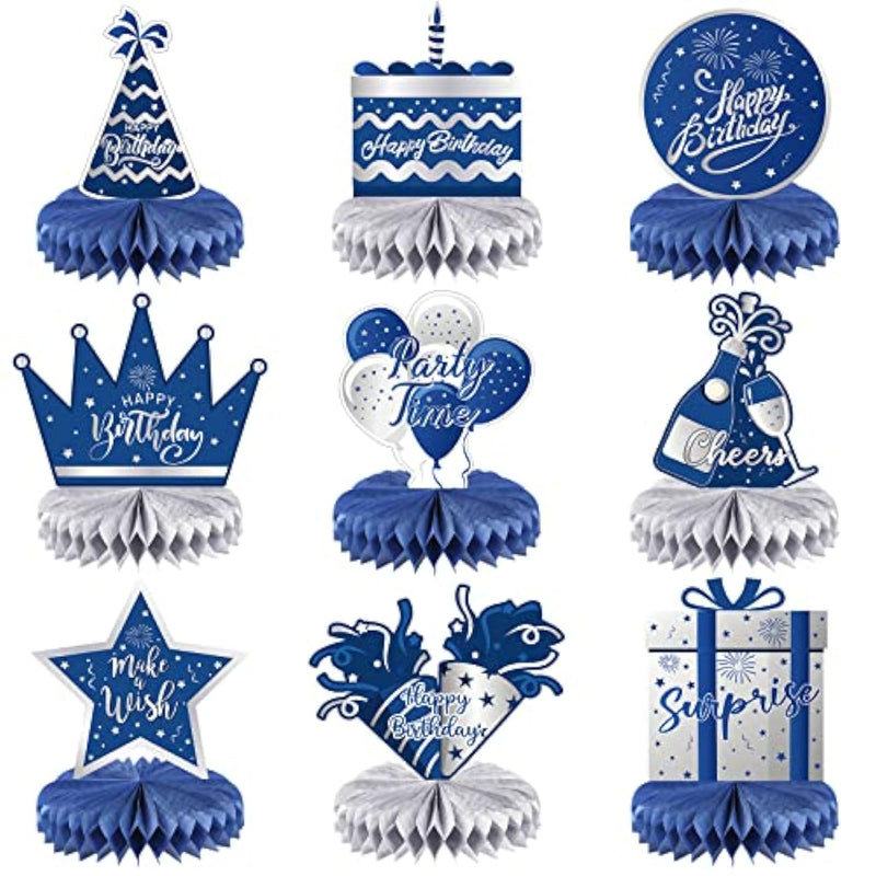 9 Pieces Happy Party Honeycomb Decorations Blue Silver Birthday Table Centerpieces Birthday Themed Honeycomb Centerpieces Party Time Favors For Table Topper Sign Decor