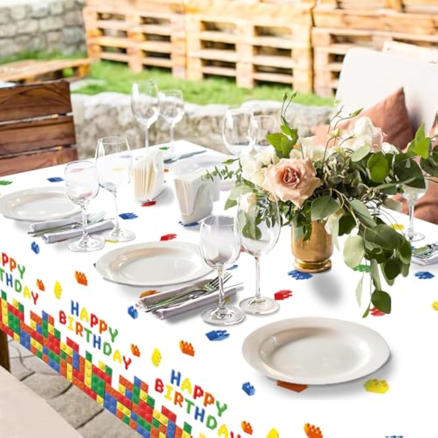 3 Pack Building Block Party Tablecloth Building Block Disposable Plastic Table Cover For Children Kids Blocks Birthday Party Supplies, 54 X 108 Inch