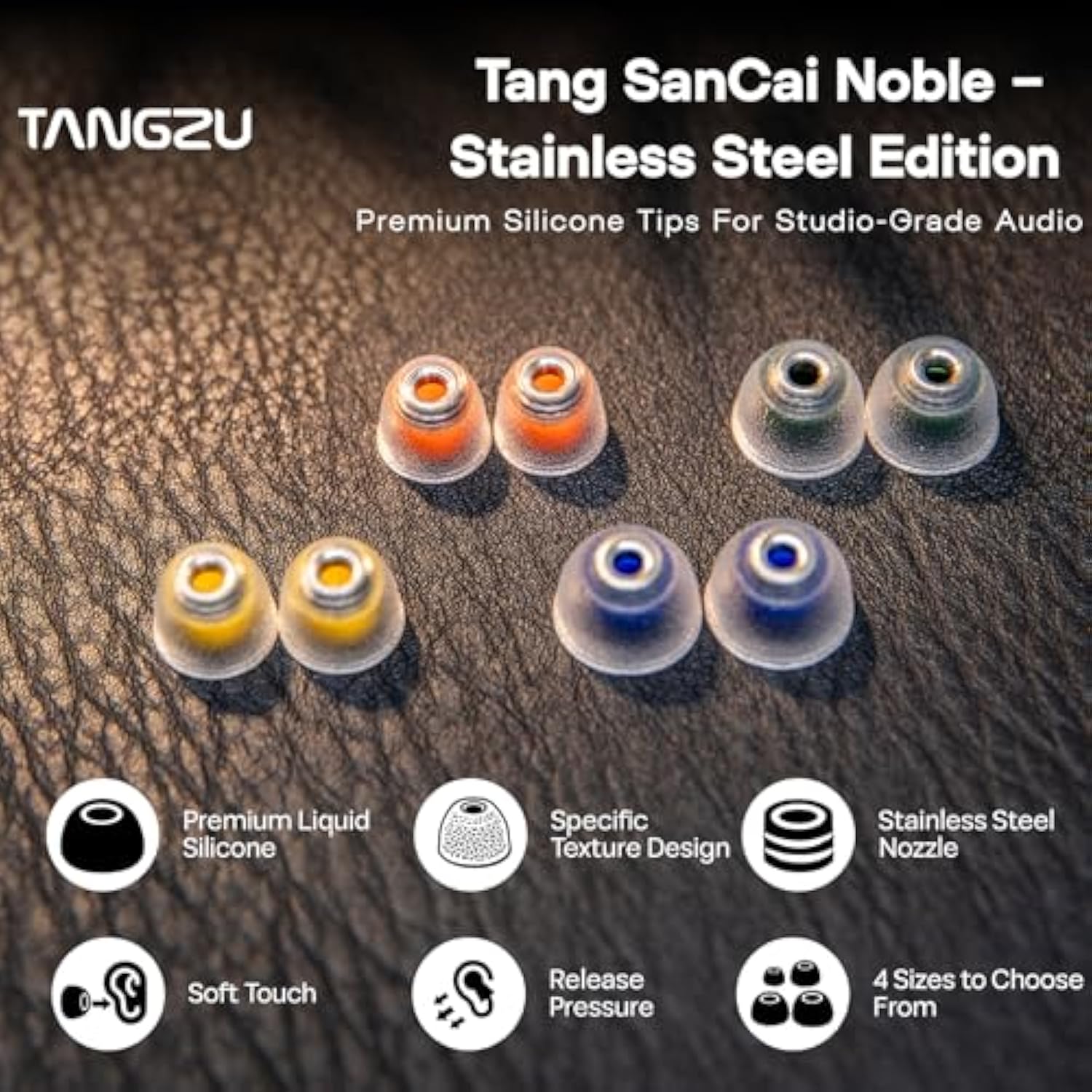 Tangzu Tang Sancai Noble Earbud Tips,Stainless Steel Iem Ear Plugs,Replaceable Liquid Silicone Eartips,4 Pairs,Optional Xs/S/M/L Size For In Ear Earphones (Xs/S/M/L- Each Size)