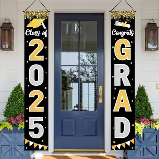 Graduation Decorations 2025 Grad Banner Black Porch Door Sign Welcome Banner For Indoor Outdoor Wall Graduation Decorations Class Of 2025